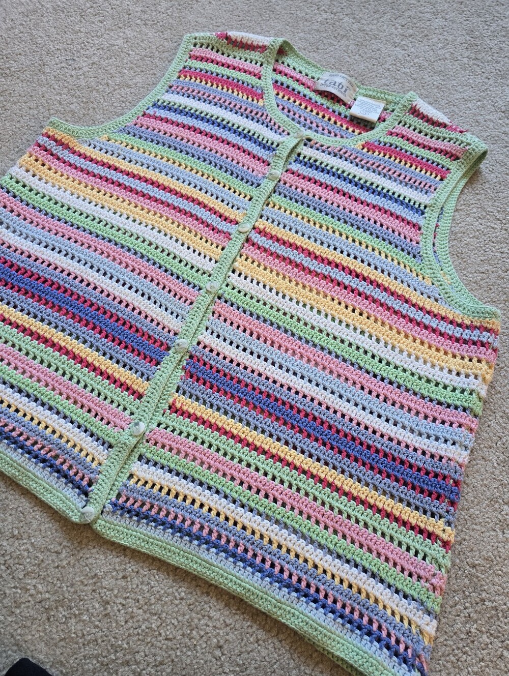 Tabi Hand Knit Vintage Crochet Cotton Striped Button Vest Size Large